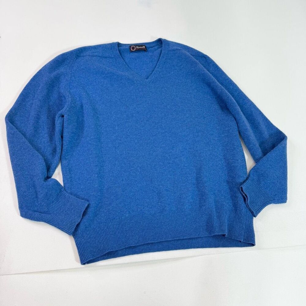 Faconnable Sweater Mens Medium Blue V-Neck‎ New wool Scotland Weft Knit Pullover